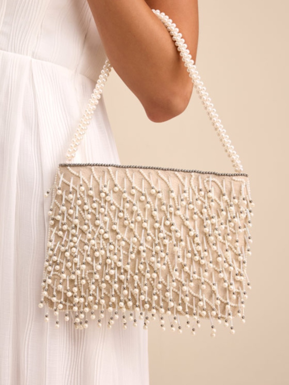 Lulus Ivory Pearl Fringe Bag NEW with tags